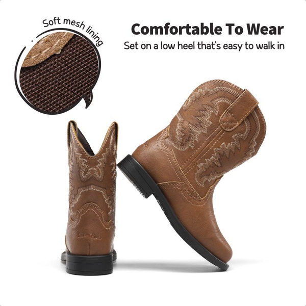 Kids Square-Toe Western Cowboy Boots - BROWN - 2